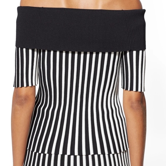 Black and White Stripped Off-the-Shoulder Sweater - Picture 2 of 4